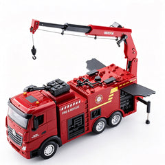 A red fire truck toy with a crane arm and black wheels, photographed on a clean white background.