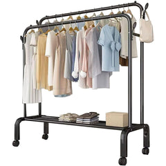 Heavy Duty Portable Double Rail Clothes Garment Hanging Rack Shoe Storage Shelf Organizer Hanger Dryer - black