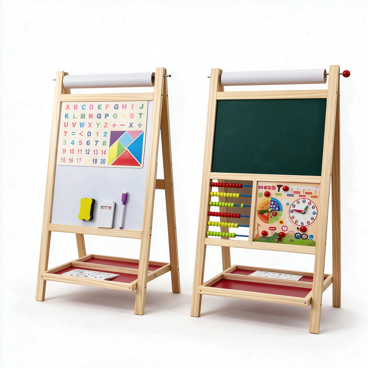 Two wooden children's activity easels shown on a white studio background. One easel has a white board with alphabet letters, numbers, and a geometric chart, plus small accessories.