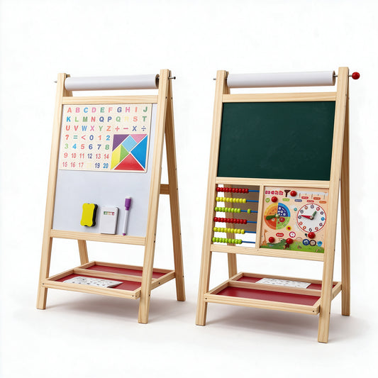 Two wooden children's activity easels shown on a white studio background. One easel has a white board with alphabet letters, numbers, and a geometric chart, plus small accessories.