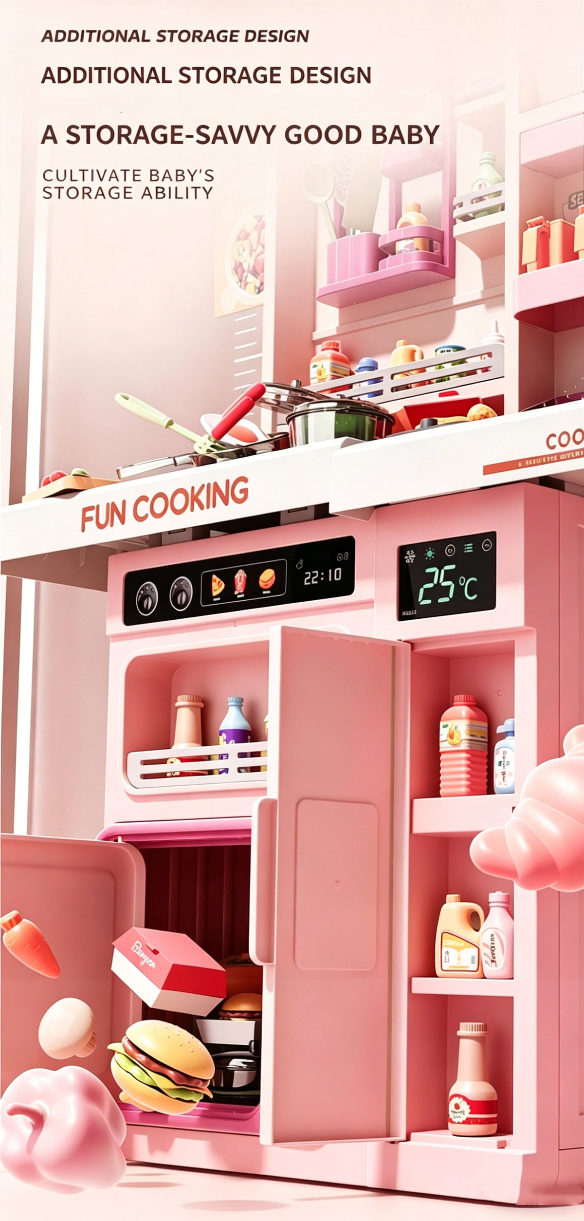 Kids Pretend Role Play Toy Kitchen Cooking Children Toddler Food Cookware Set Pink