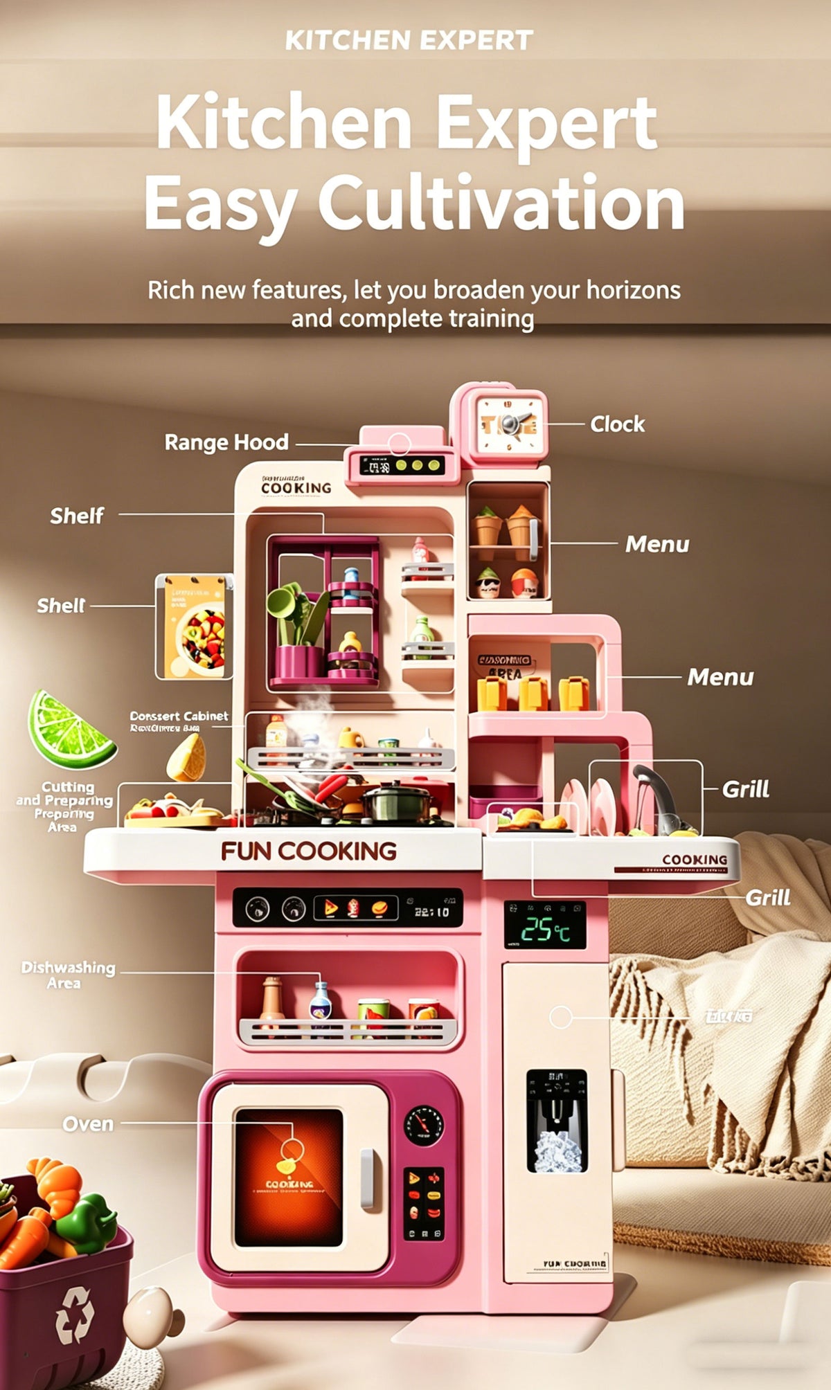 Kids Pretend Role Play Toy Kitchen Cooking Children Toddler Food Cookware Set Pink