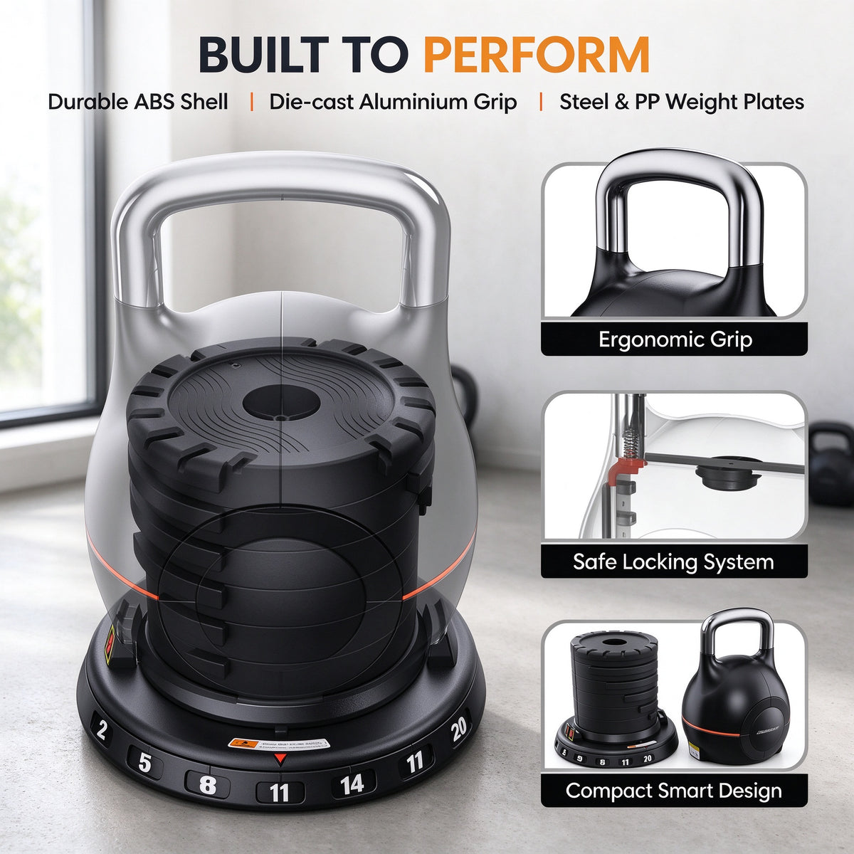 20kg Adjustable Kettlebell 7 in 1 Quick Weight Change Selection Home Gym Fitness Training