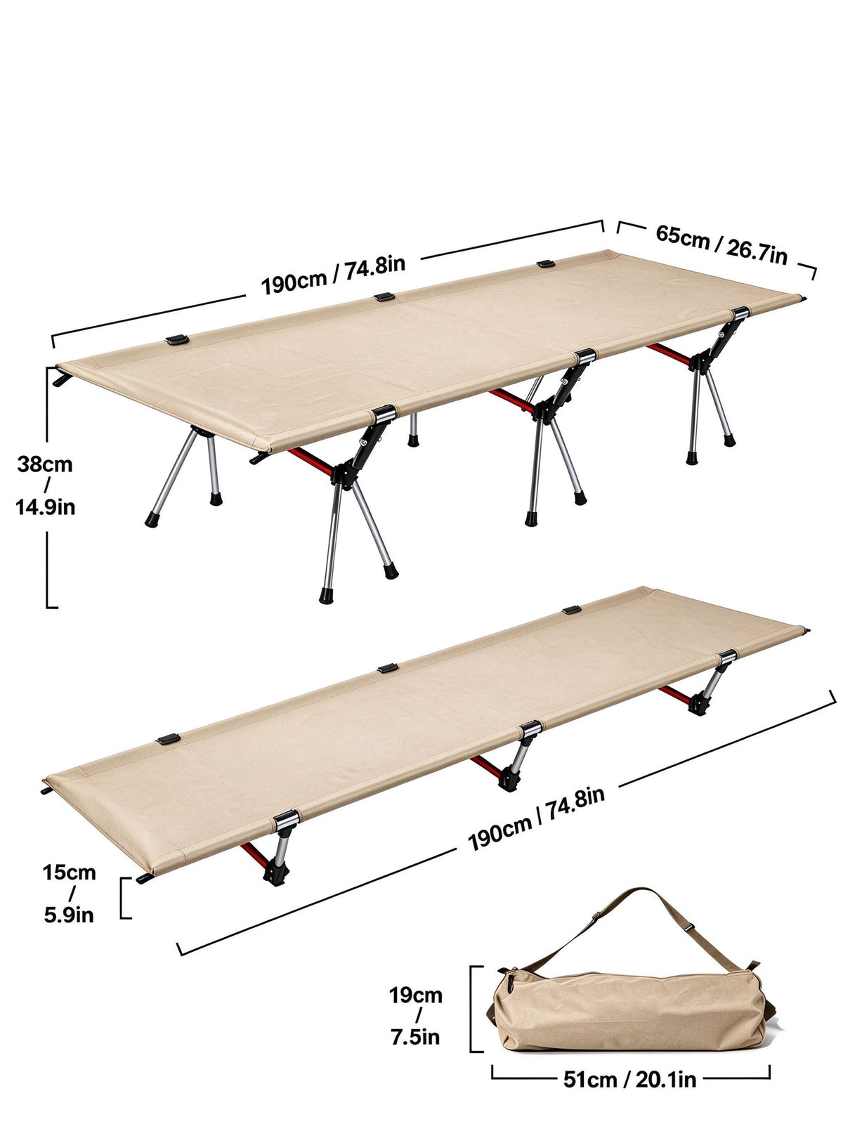 Height Adjustable Foldable Portable Outdoor Folding Camping Bed Stretcher Sleeping Cot Carry Bag Beige