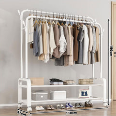 Heavy Duty Portable Double Rail Clothes Garment Hanging Rack Shoe Storage Shelf Organizer Hanger Dryer - white