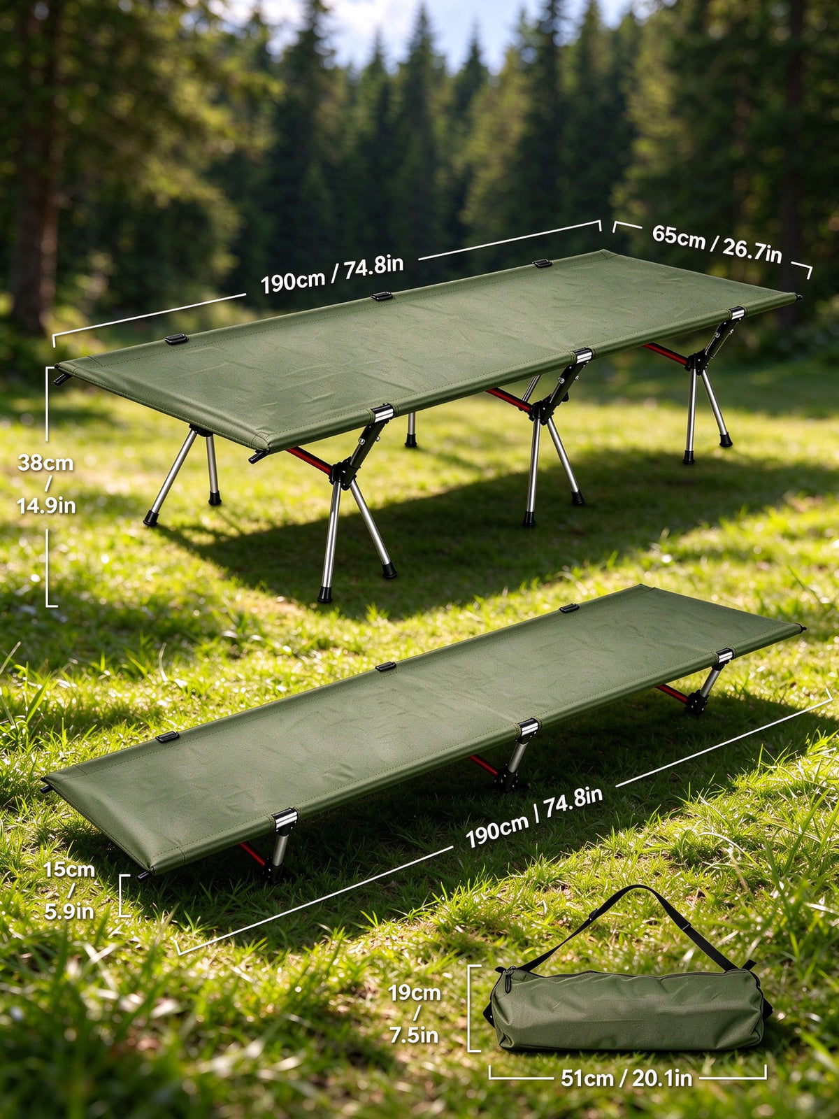 Height Adjustable Foldable Portable Outdoor Folding Camping Bed Stretcher Sleeping Cot Carry Bag Green