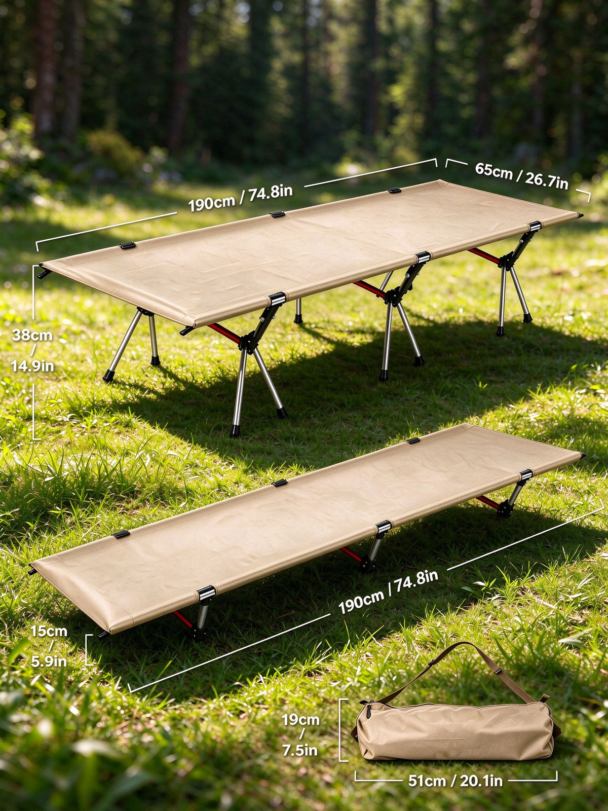 Height Adjustable Foldable Portable Outdoor Folding Camping Bed Stretcher Sleeping Cot Carry Bag Beige