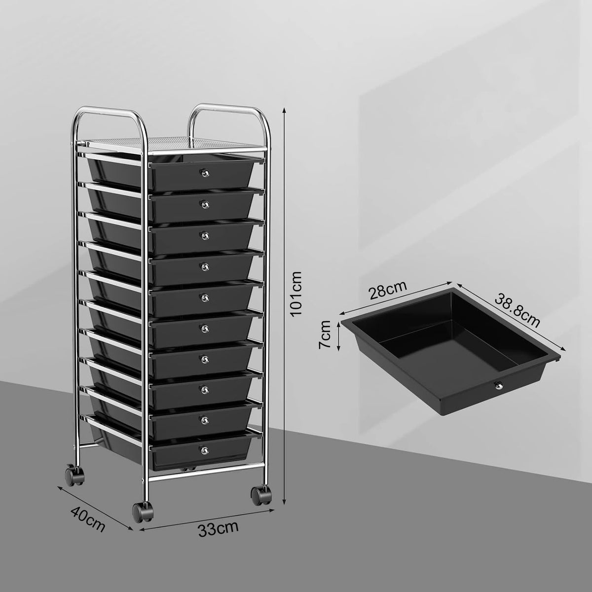 10 Drawers Rolling Storage Cart Paper Organiser Trolley w/ Wheels Home Office - black