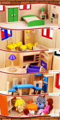 Wooden 3 Level DIY Dolls Doll House Girls Kids Pretend Play Toys Furniture Set Kit