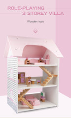 Wooden DIY Dolls Doll House 3 Level Kids Pretend Play Toys Full Furniture Set Pink