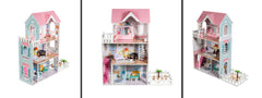 Large Wooden Dolls Doll House 3 Level Kids Pretend Play Toys Full Furniture Garden