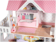 Large Wooden Dolls Doll House 3 Level Kids Pretend Play Toys Full Furniture Garden