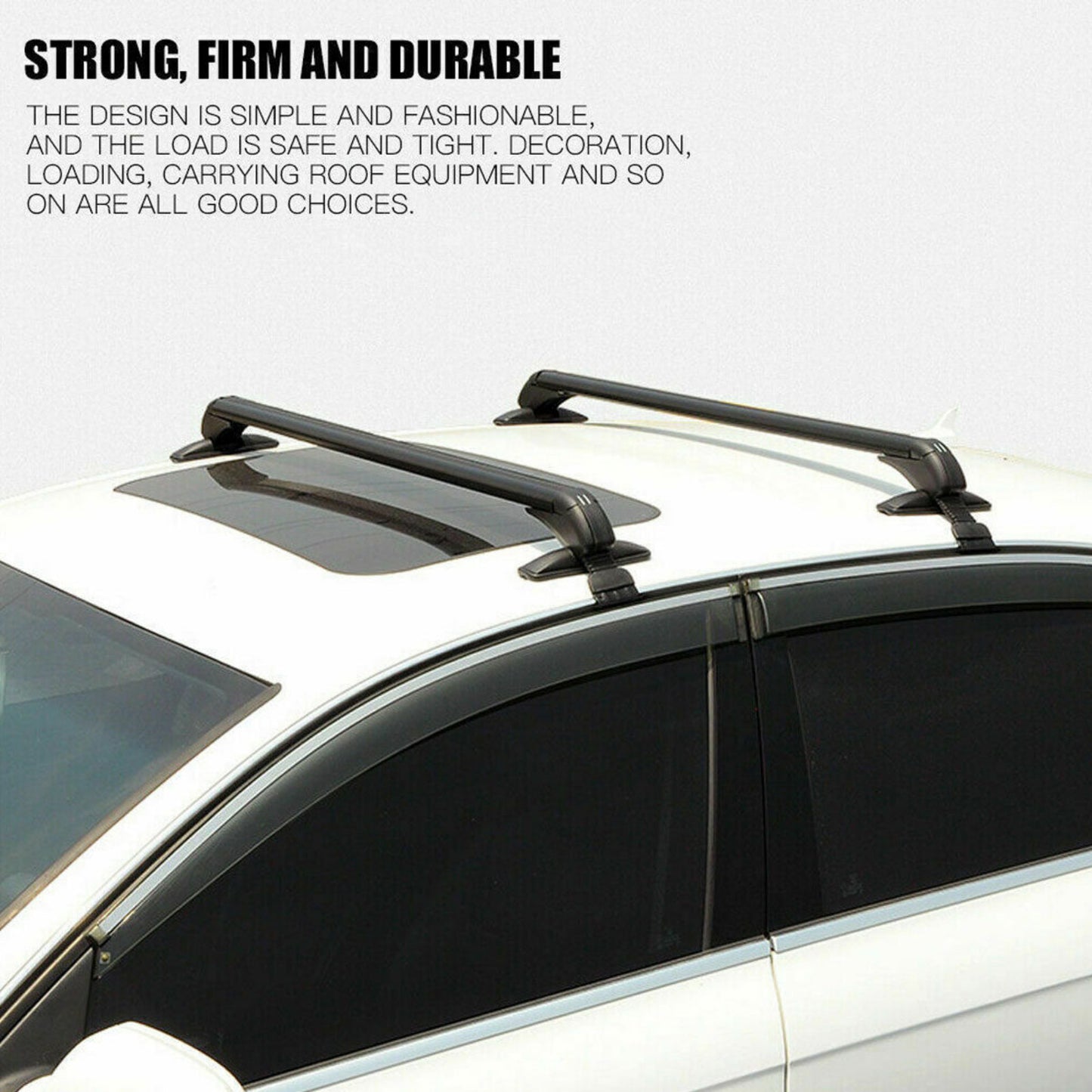 Car roof rack system on a white car with text about strength and durability.