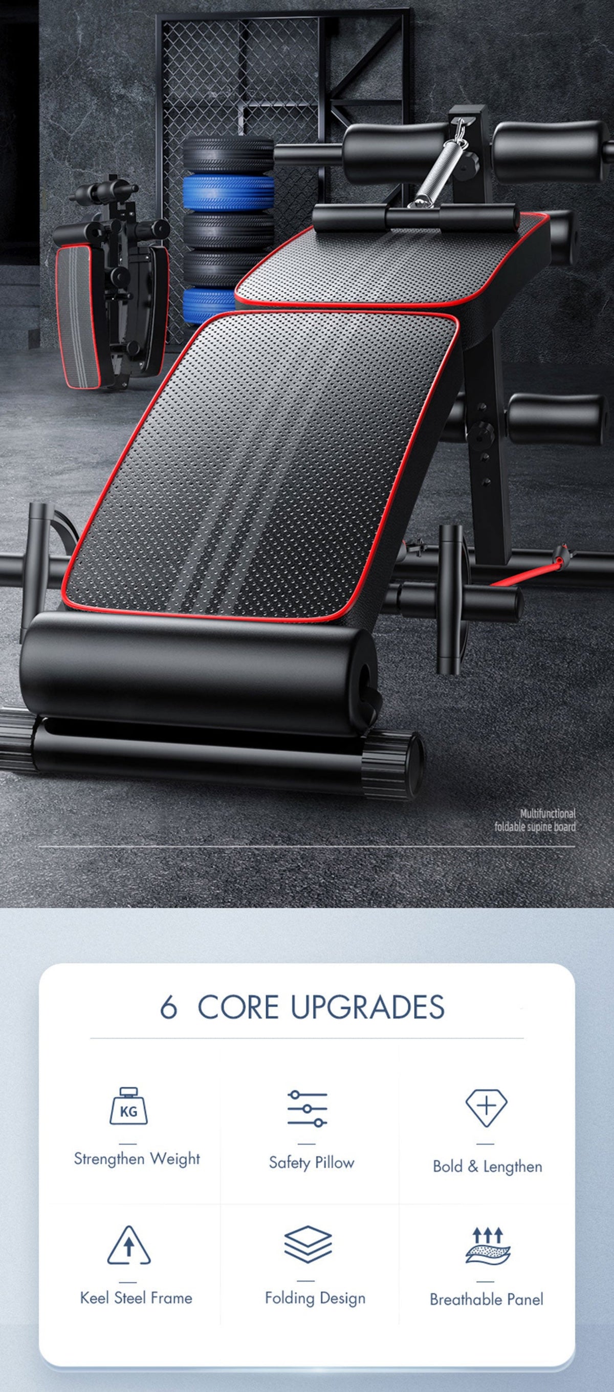 Black and red exercise bench with fitness equipment in the background