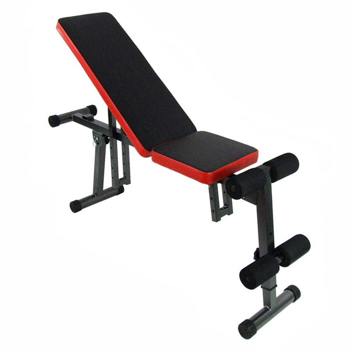 Black and red adjustable weight bench on a white background