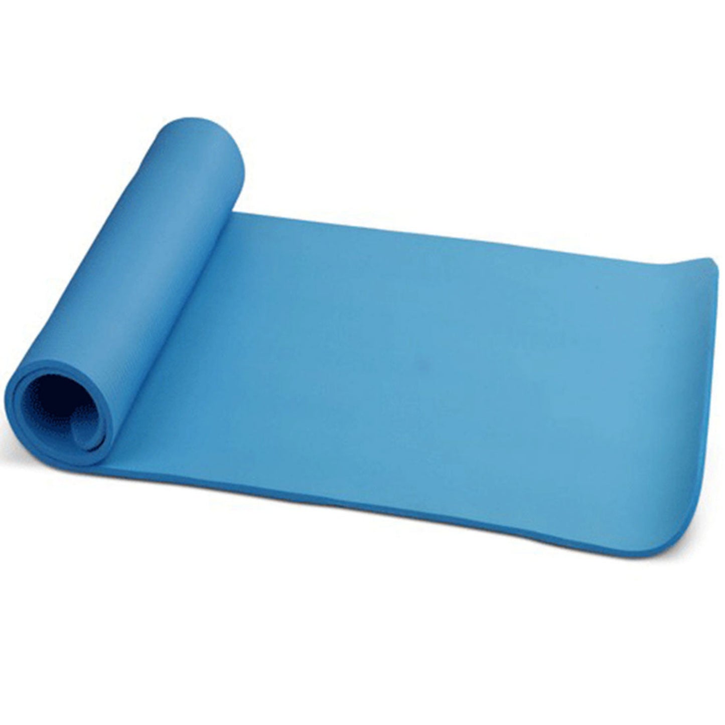 Blue yoga mat rolled up on a white background