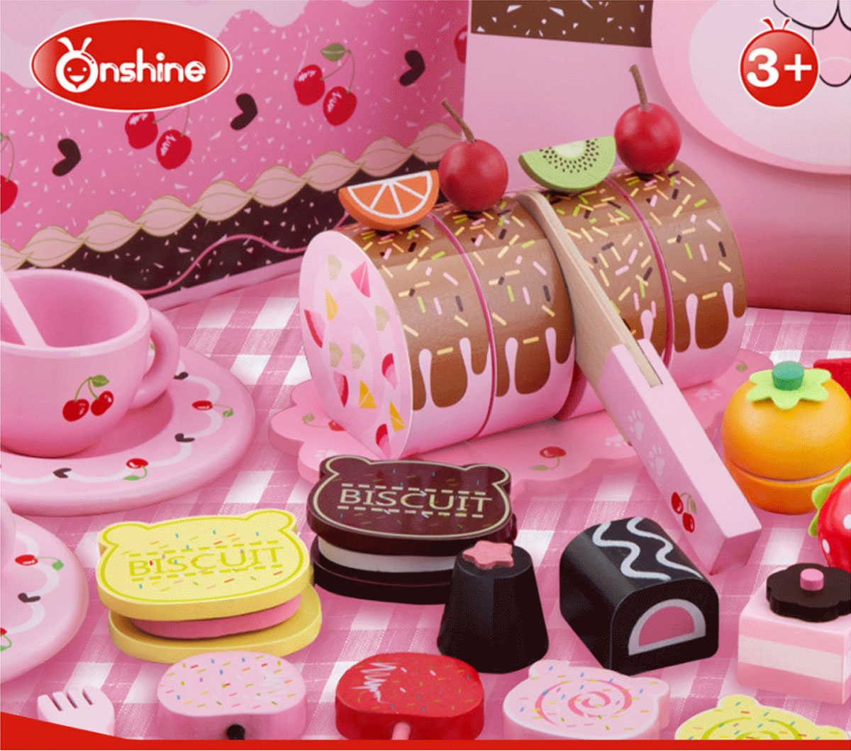 Kid Gift Wooden Pretend Play Toy Cherry Bear Chocolate Dessert Party Set Tea Cup