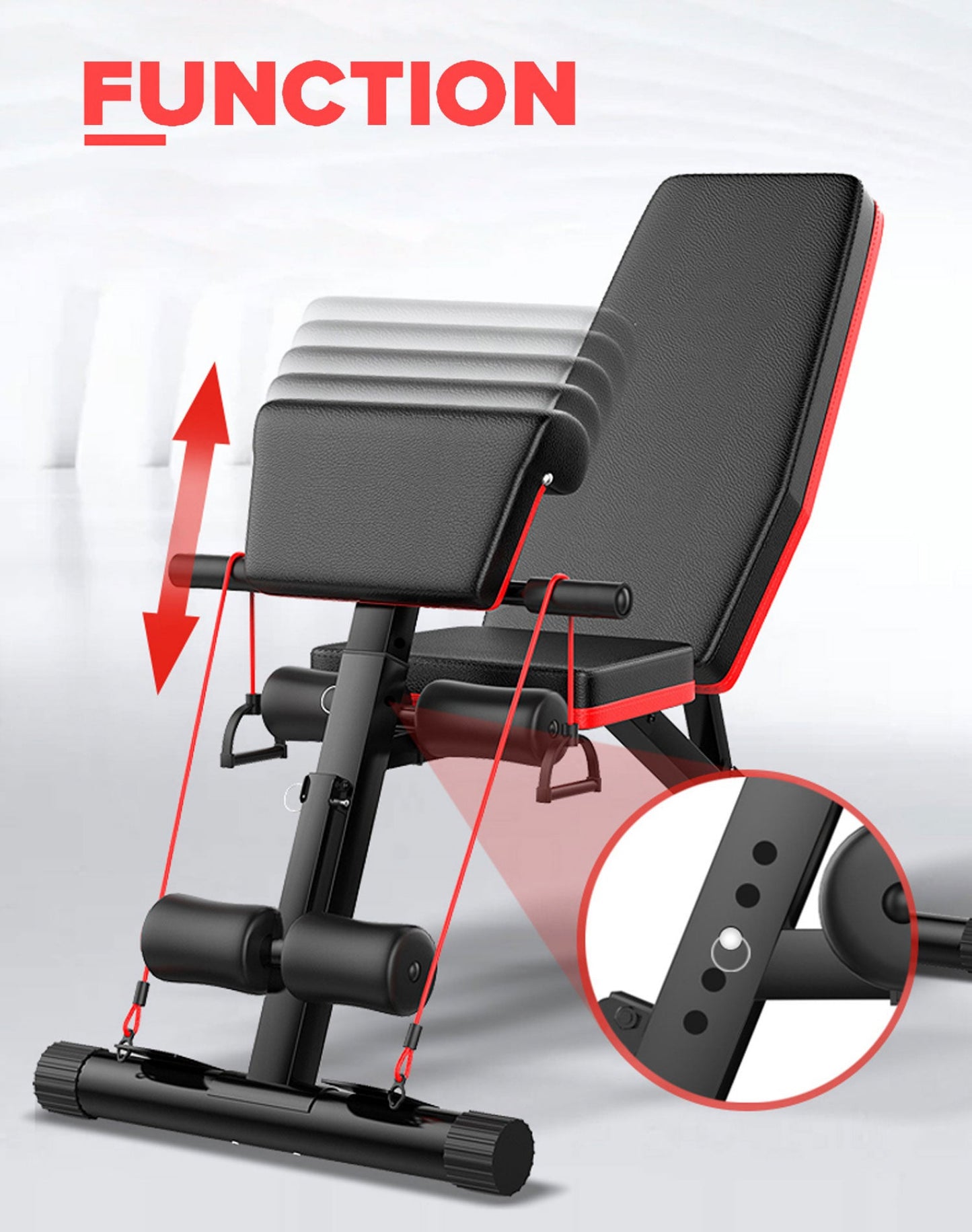 Black adjustable weight bench with red accents on a gray background