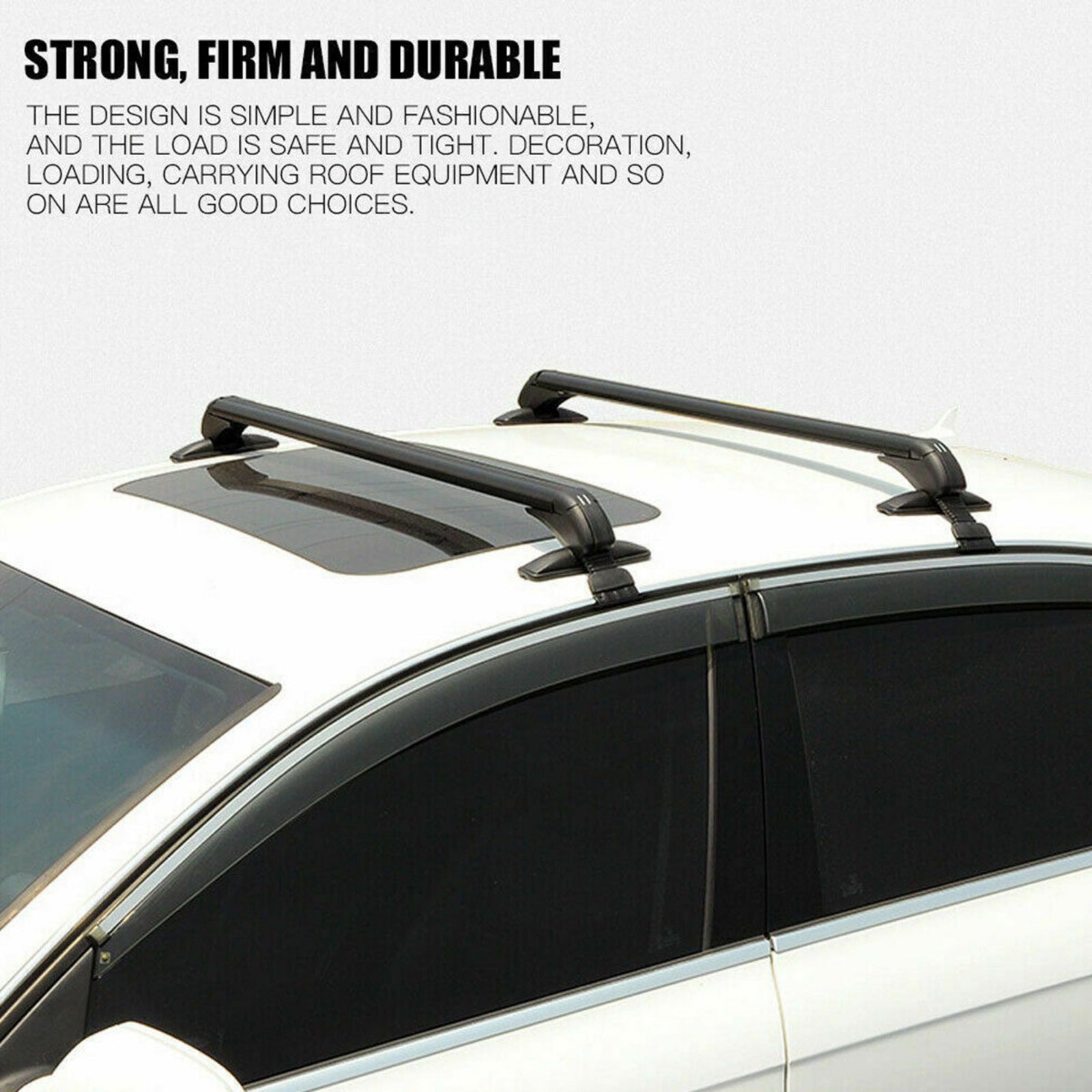 Car roof rack system on a white car with text about strength and durability.