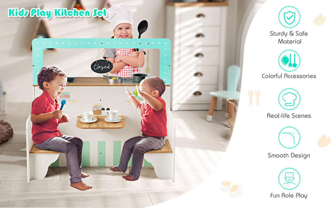2-in-1 Kids Kitchen Double Sided Cooking Toys Wooden Pretend Play Set Restaurant Playset Gift