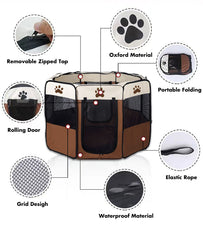 8 Panel Pet Dog Cat Crate Play Pen Bags Kennel Portable Tent Playpen Puppy Cage Large Brown