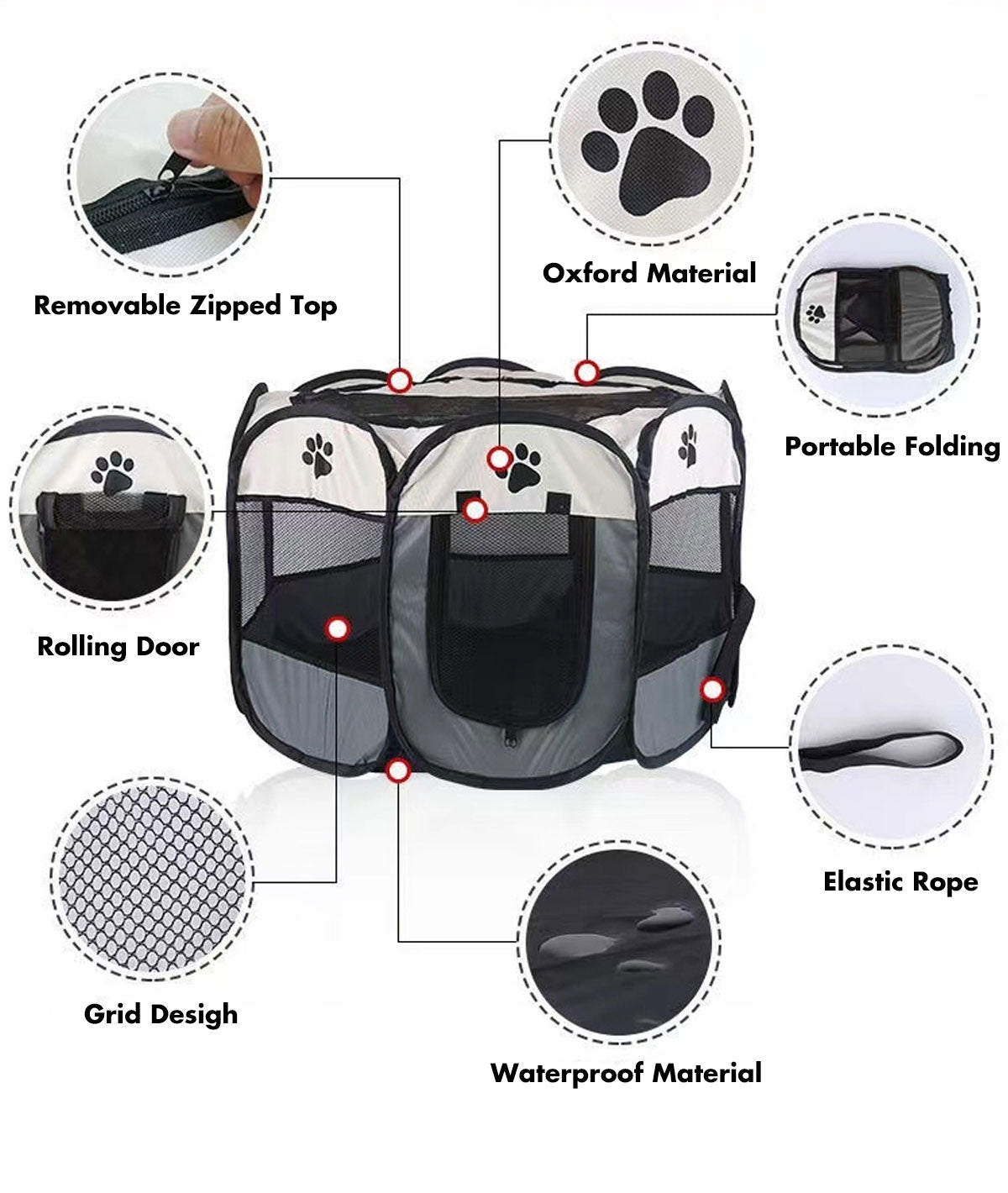 8 Panel Pet Dog Cat Crate Play Pen Bags Kennel Portable Tent Playpen Puppy Cage - grey