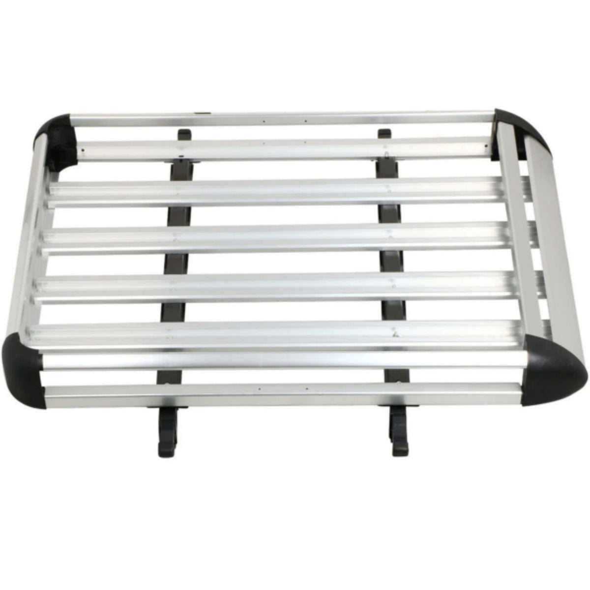 Silver metal luggage rack with black rubber ends on a white background