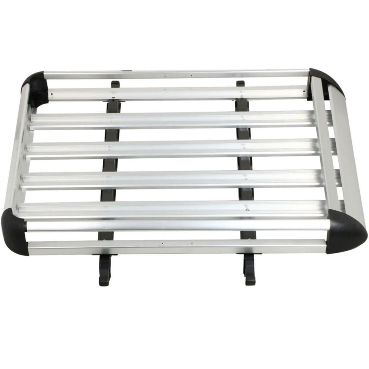 Silver metal luggage rack with black rubber ends on a white background
