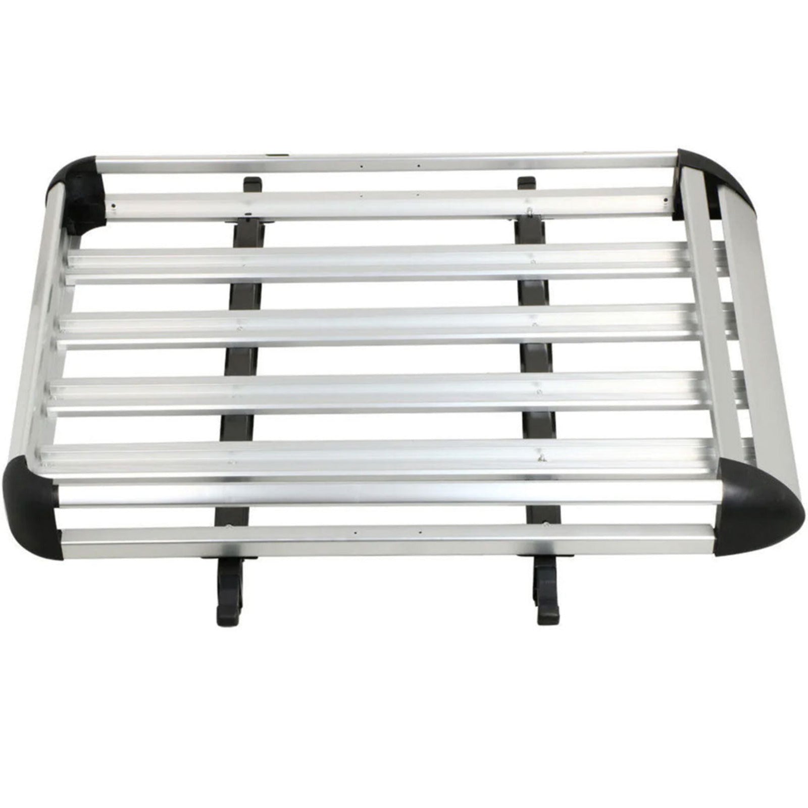 Silver metal luggage rack with black rubber ends on a white background
