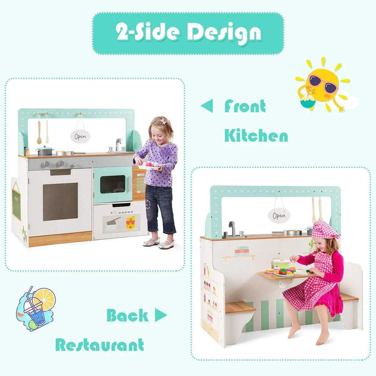 2-in-1 Kids Kitchen Double Sided Cooking Toys Wooden Pretend Play Set Restaurant Playset Gift