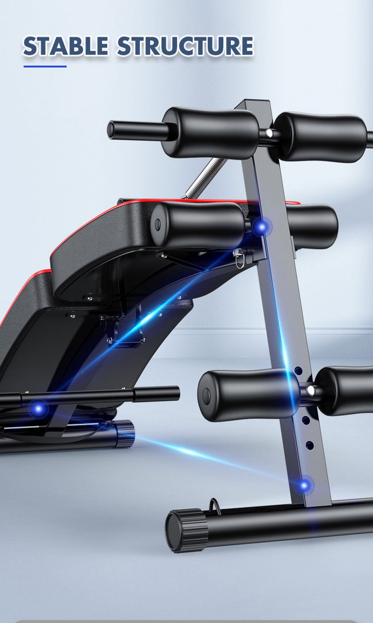 Gym bench with stable structure on a light blue background
