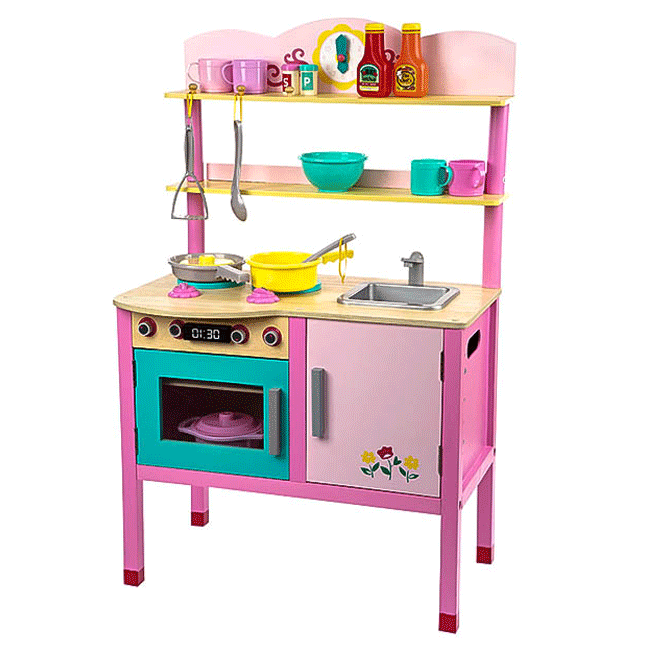Wooden Kitchen Pretend Play Set Toy Kids Toddlers Cooking Children Cookware Pink