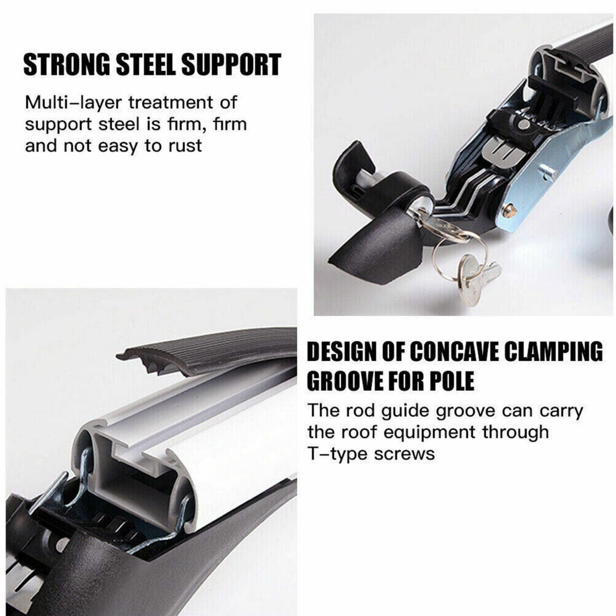 Close-up of a metal support structure with text highlighting its features.