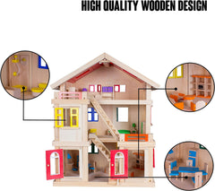 Wooden 3 Level DIY Dolls Doll House Girls Kids Pretend Play Toys Furniture Set Kit