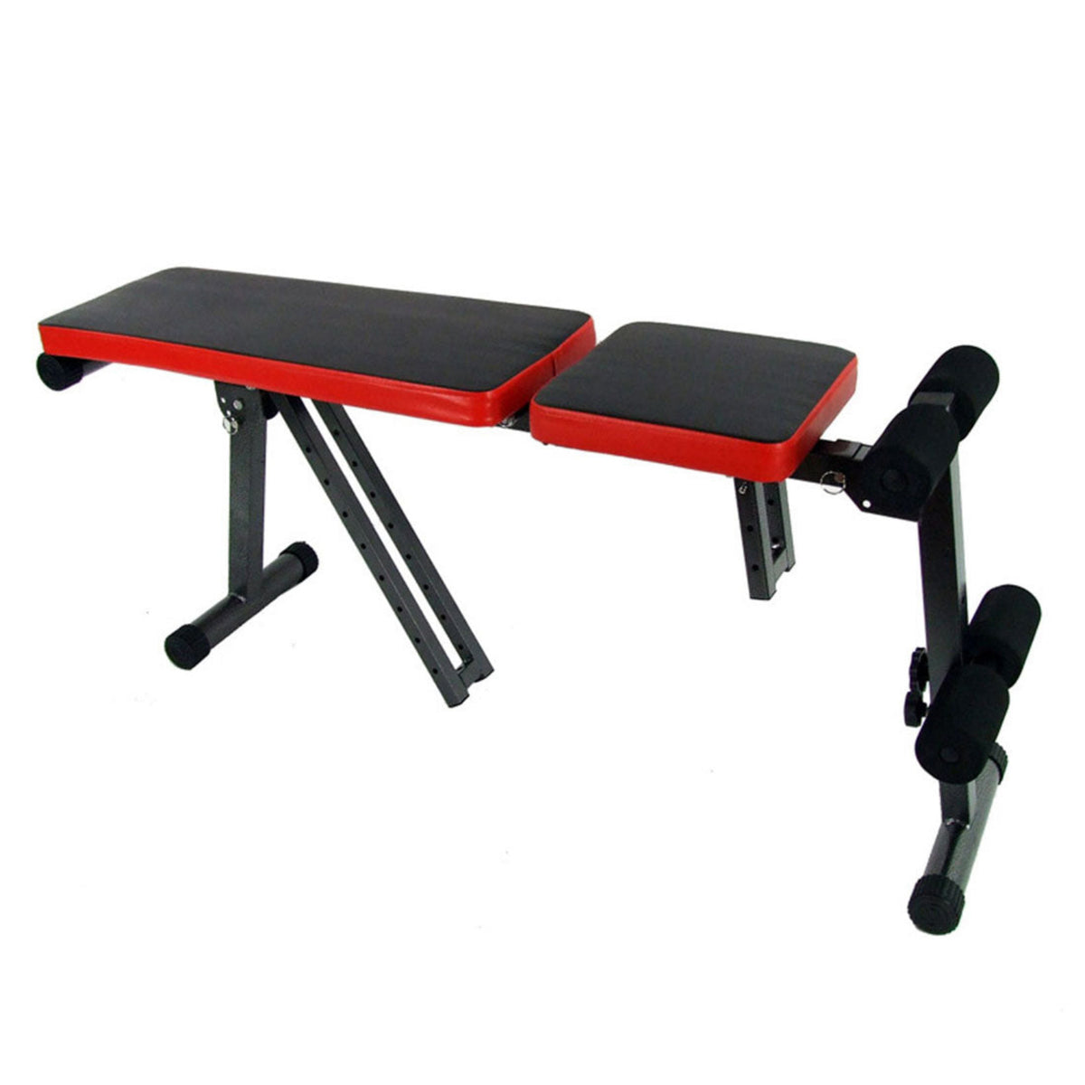 Black and red adjustable weight bench on a white background