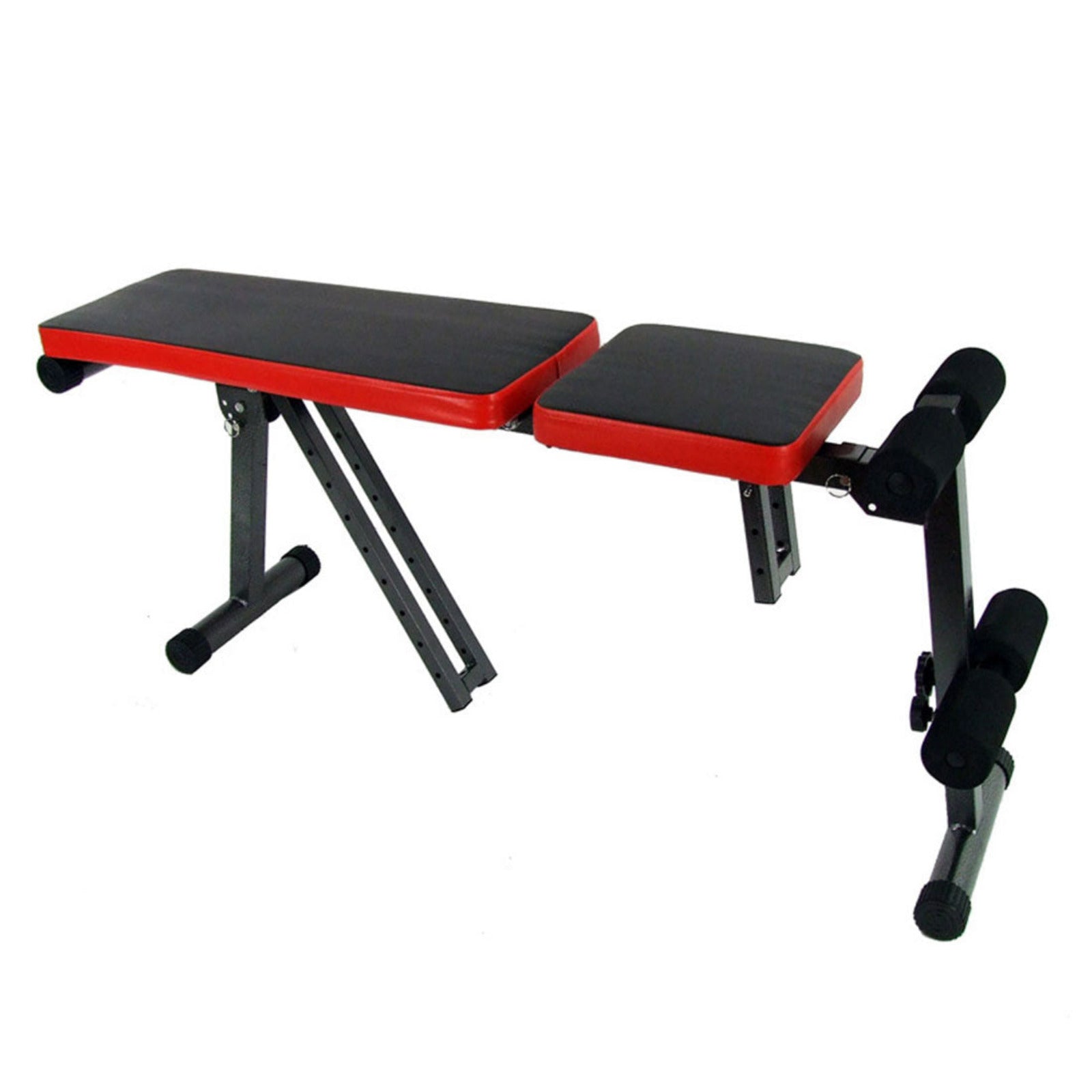Black and red adjustable weight bench on a white background