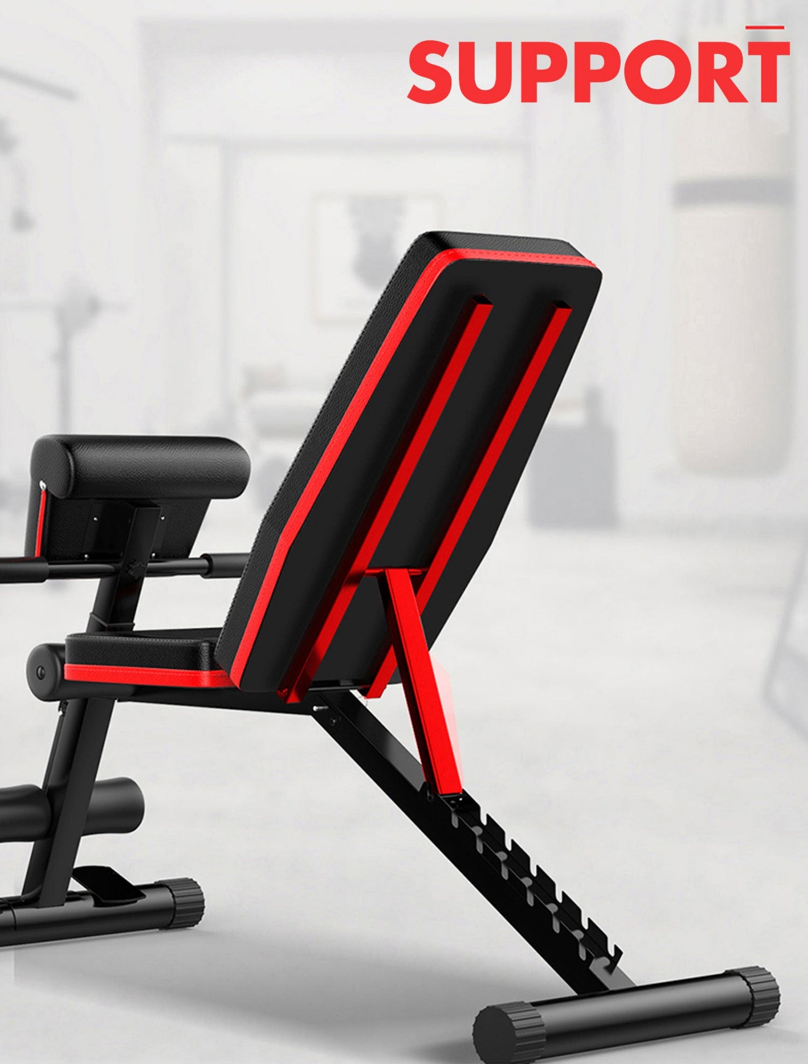 Black and red adjustable weight bench with 'Support' text above on a blurred background