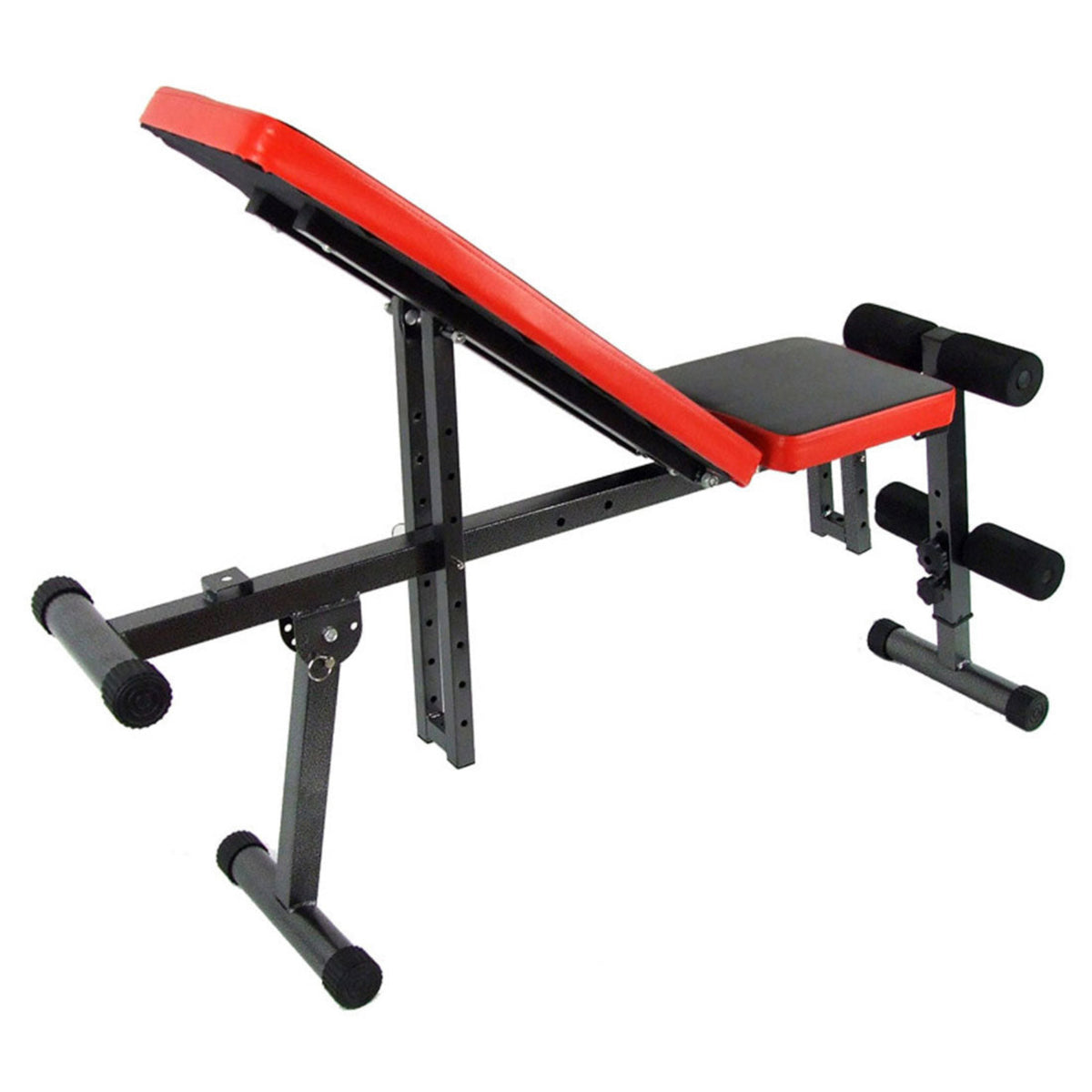 Red and black adjustable weight bench on a white background