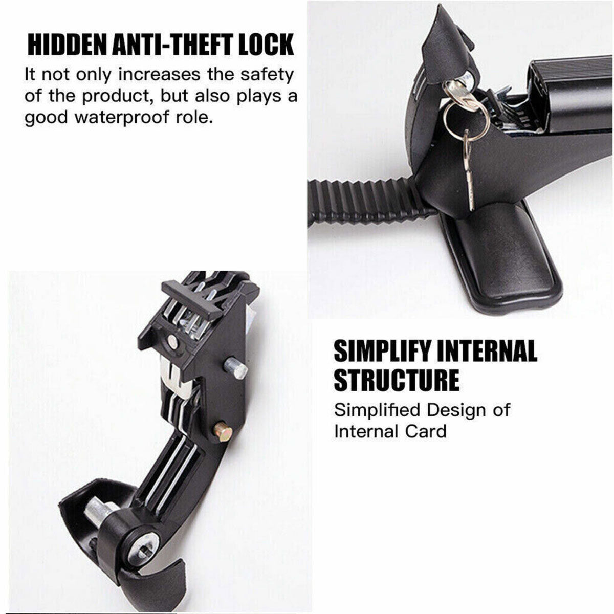 Black anti-theft lock mechanism with key on a white background, featuring text about its features.