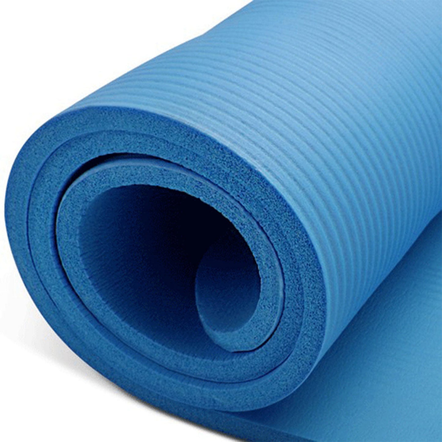 Blue yoga mat rolled up on a white background