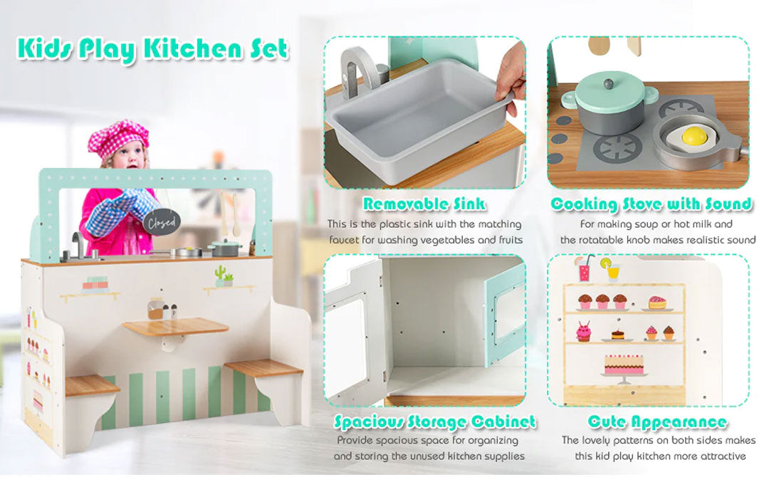 2-in-1 Kids Kitchen Double Sided Cooking Toys Wooden Pretend Play Set Restaurant Playset Gift