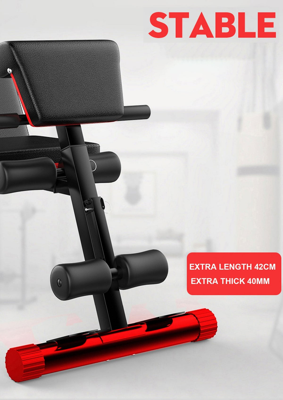 Black and red adjustable weight bench with 'Stable' text and measurements on a light background