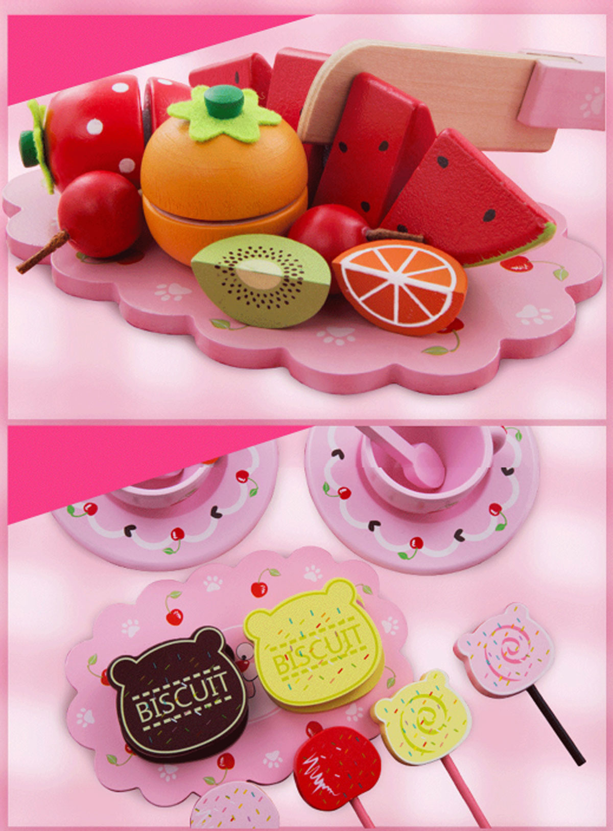Kid Gift Wooden Pretend Play Toy Cherry Bear Chocolate Dessert Party Set Tea Cup