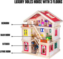 Wooden 3 Level DIY Dolls Doll House Girls Kids Pretend Play Toys Furniture Set Kit