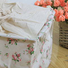 Canvas Zakka Vintage Drawstring Storage Laundry Shopping Basket  Fold Bin Flower