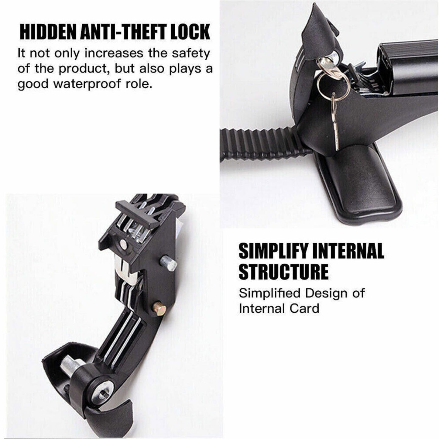 Black anti-theft lock mechanism with key on a white background, featuring text about its features.