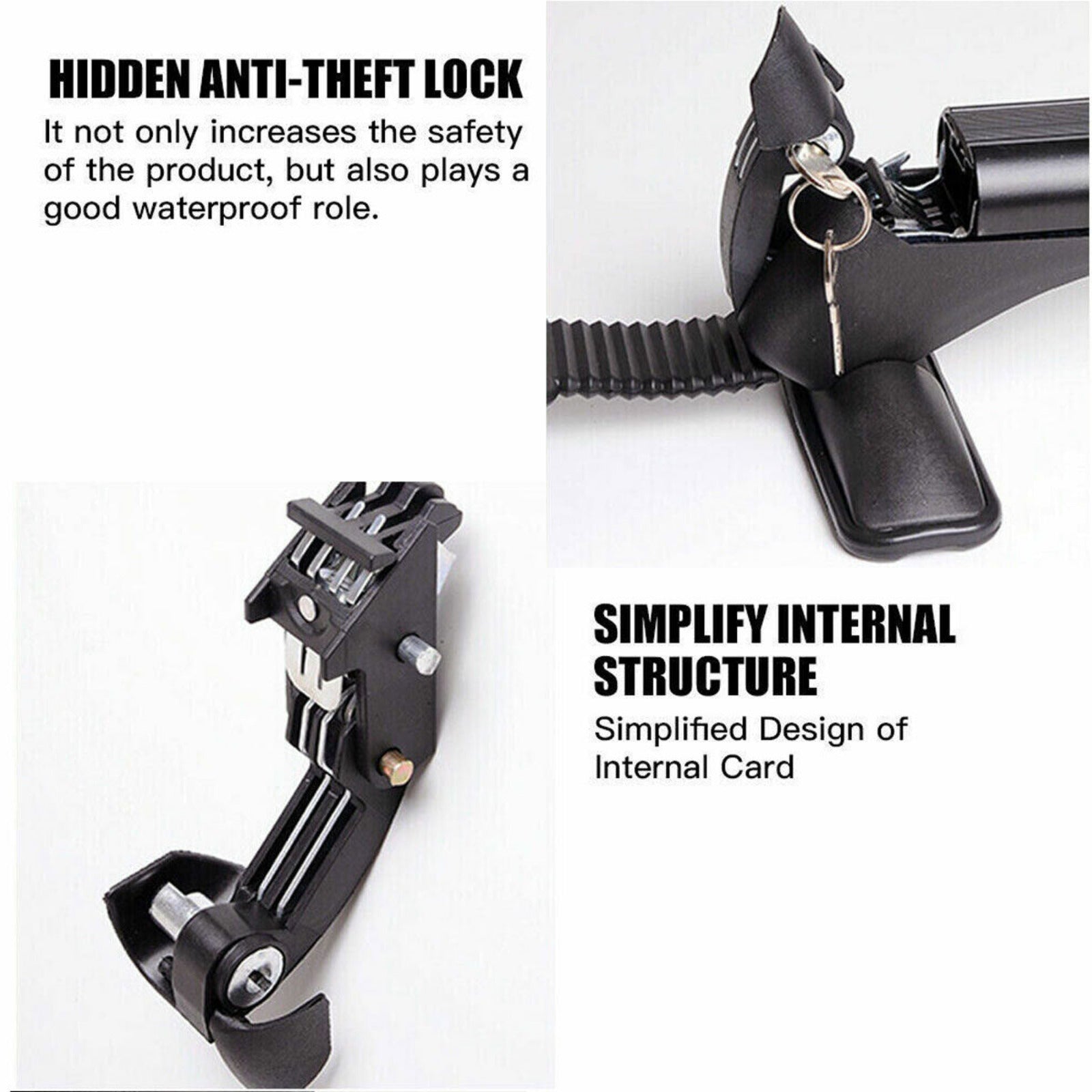 Black anti-theft lock mechanism with key on a white background, featuring text about its features.