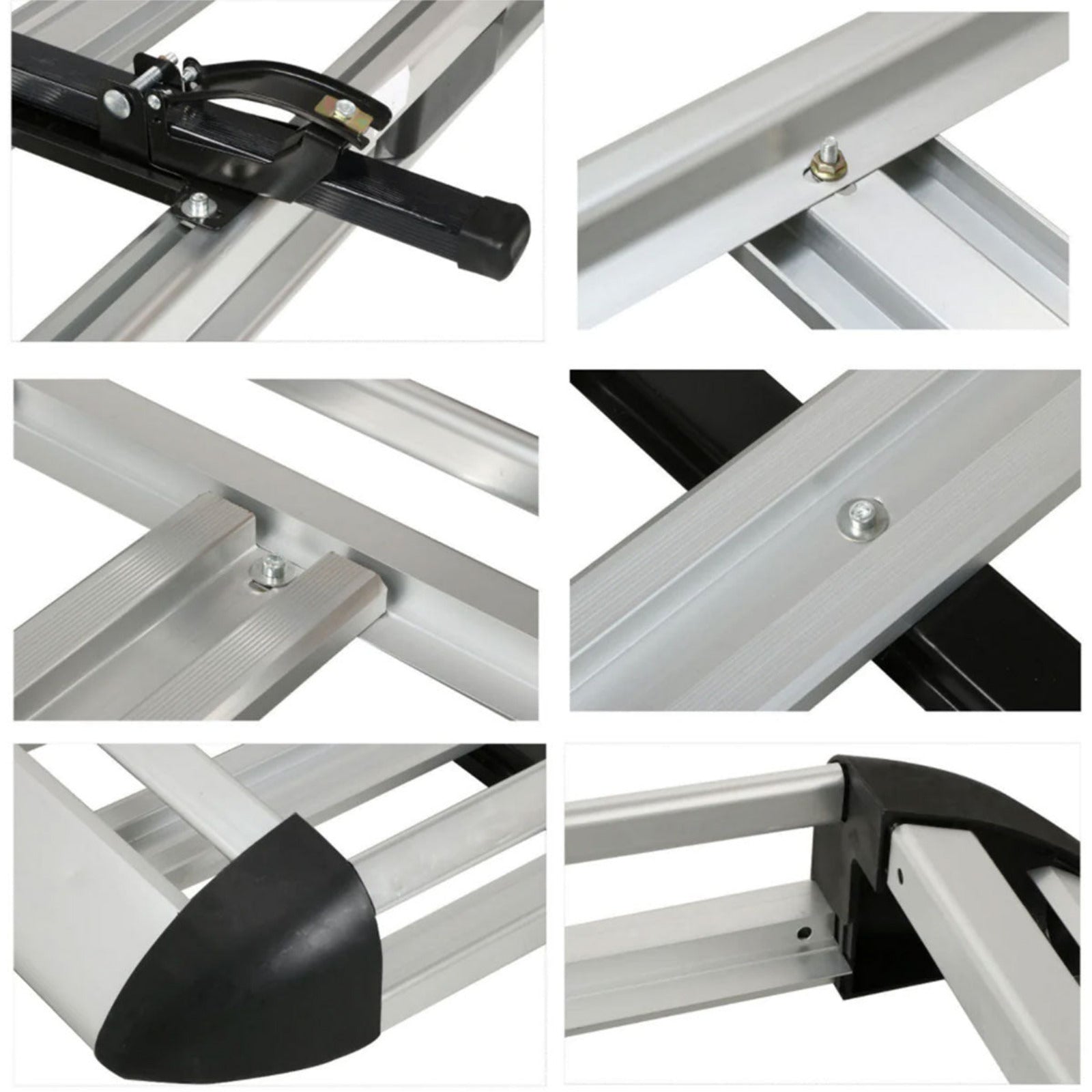 Collage of close-up shots of a metal frame with black accents on a white background
