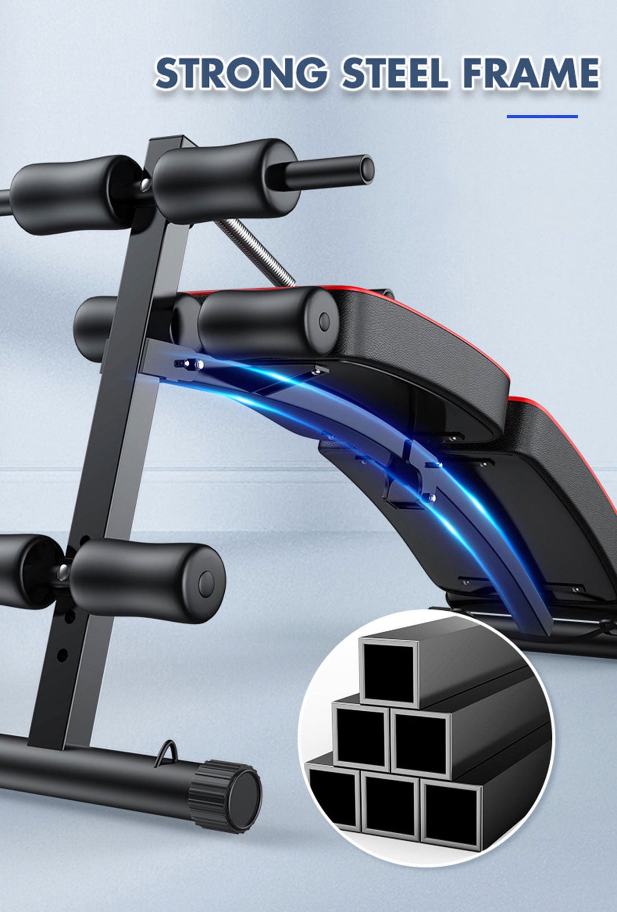 Fitness bench with strong steel frame feature highlighted on a light blue background
