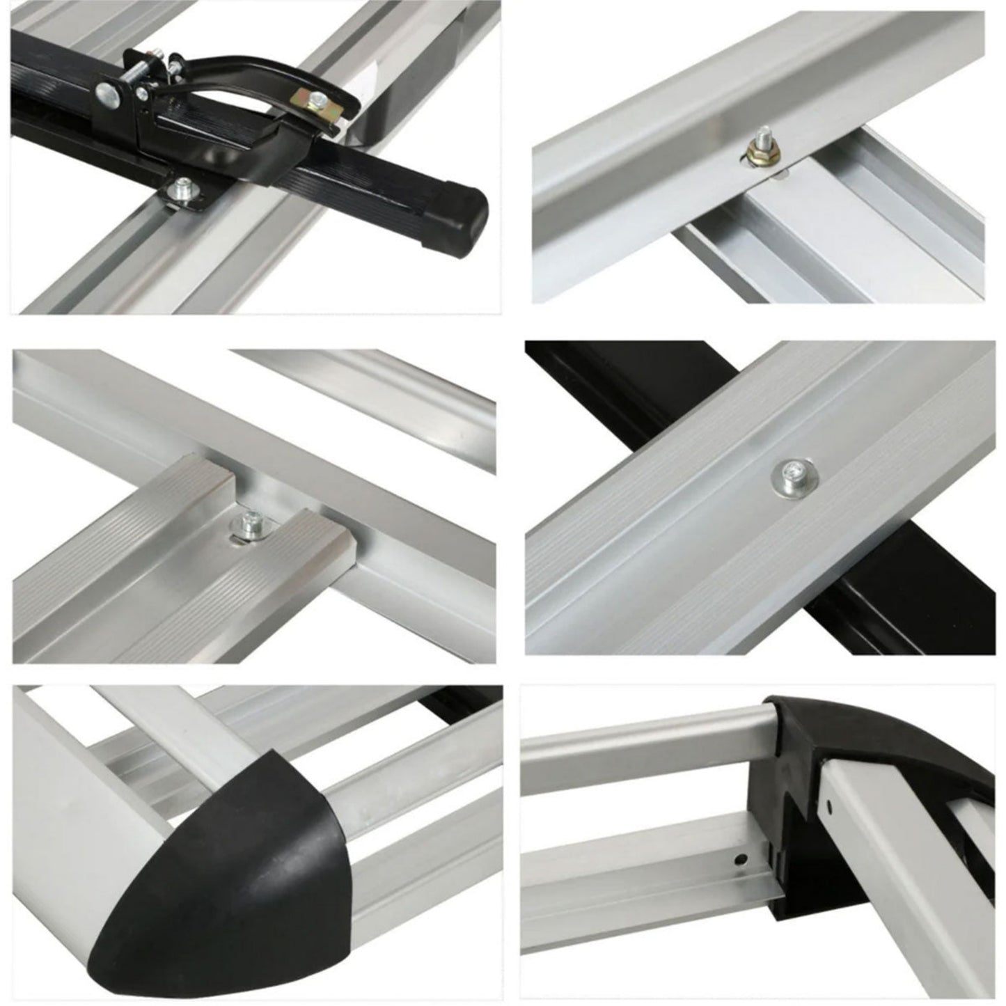 Collage of close-up shots of a metal frame with black accents on a white background